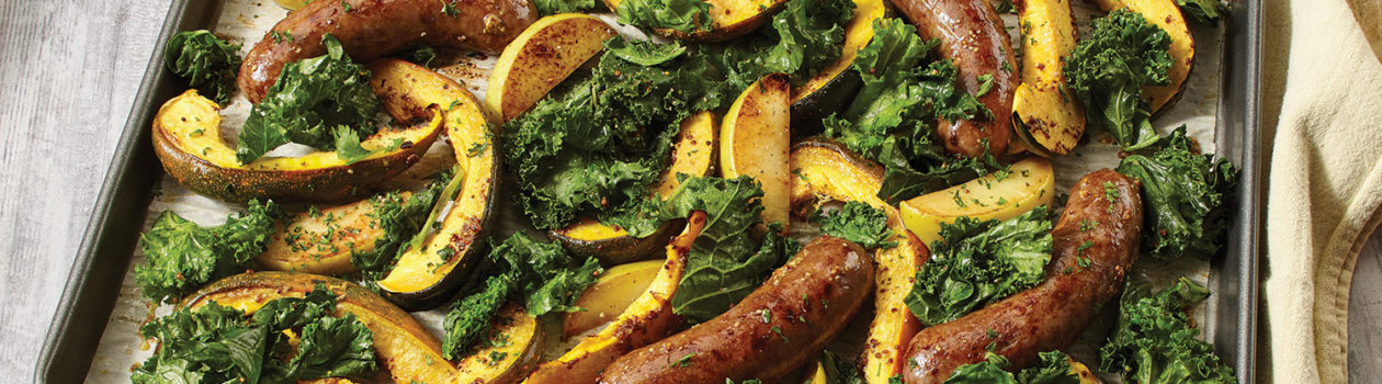 Sausage, Squash & Crispy Kale Sheet Pan Dinner