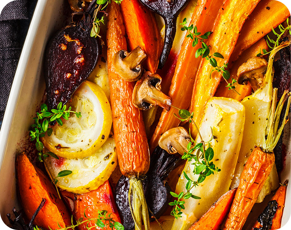 Roasted root vegetabes in casserole dish