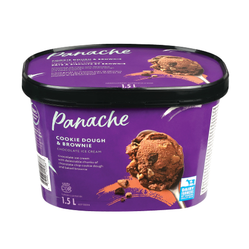 Purple ice cream container of Panache Cookie Dough & Brownie Ice Cream