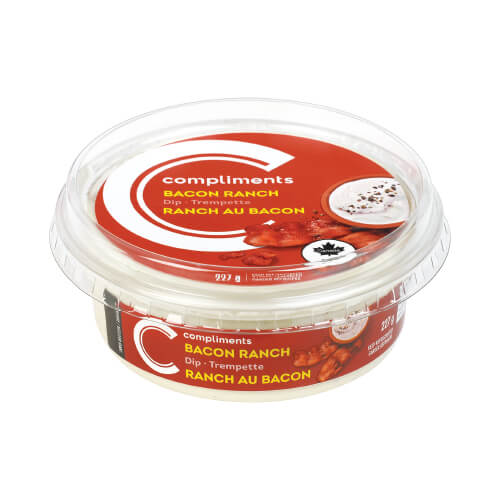 Plastic dip container of Compliments Bacon-Ranch Dip on white background