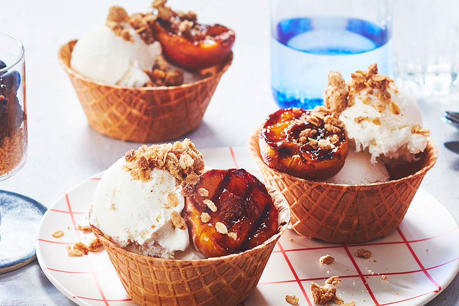 fresh fruit desserts: individual peach crisp in a waffle cup