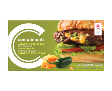 Green package of Compliments Beef Jalapeno and Cheddar Burgers