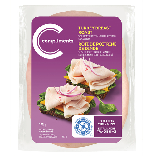 Compliments extra-lean turkey slices in a clear plastic container with a purple Compliments sticker and an image of an open-face turkey sandwich.