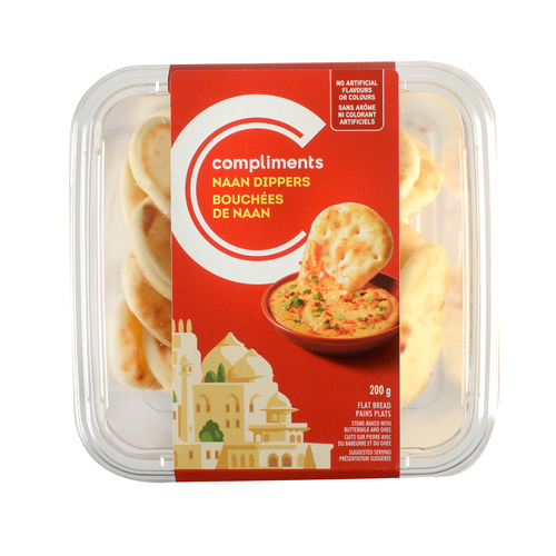 A Compliments Naan Dippers package with an orange label depicting the mini naan breads getting dipped into a spread.