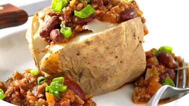 No-fuss chili stuffed baked potatoes