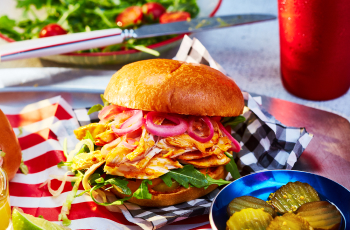 bbq pulled pork chicken sandwich with pickled onions on a brioche slider bun