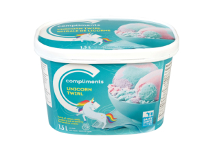 A light blue tub of Compliments Unicorn Twirl Ice Cream with an illustration of a unicorn on the front.