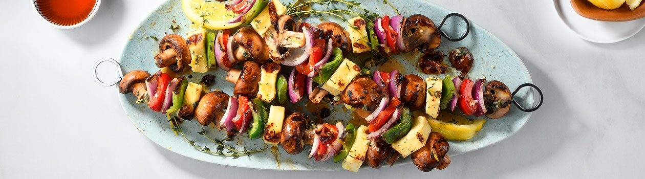 Grilled cremini mushroom and haloumi skewers