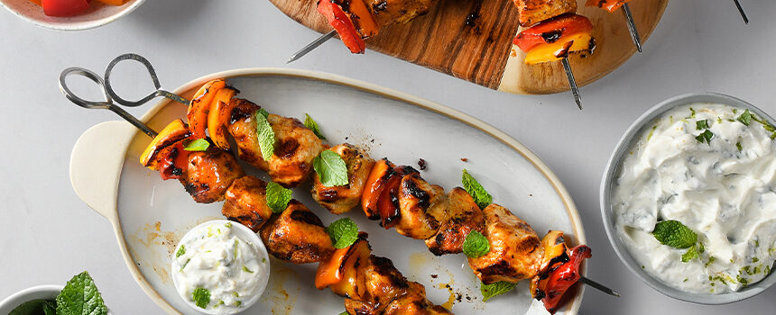 Spiced Chicken Kabobs with Mint Raita