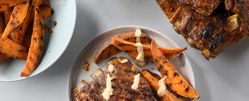 Roasted Garlic and Red Pepper Pork Side Ribs with Grilled Sweet Potatoes