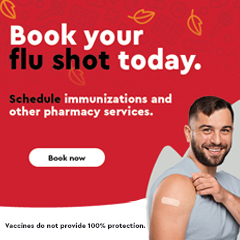 Text Reading " Book your flu shots today, Schedule Immunizations and other pharmacy services." Click on book now button to book the vaccine.