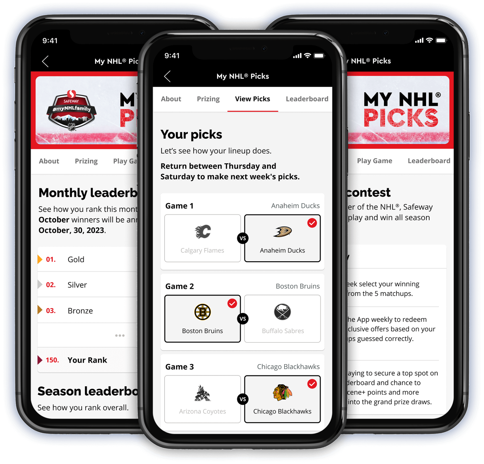 Safeway My NHL PICKS Application running on three smartphones