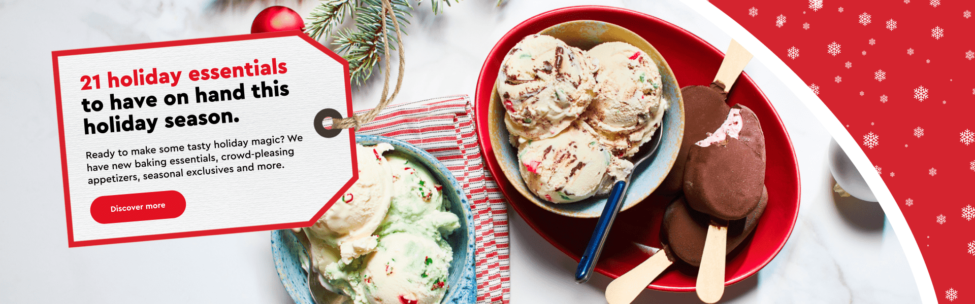 White marble surface with two bowl of ice cream - mistletoe wish and candy cane flavours - and a red side plate with Panache Pink Peppermint & Dark Chocolate Chip Mini Ice Cream Bars