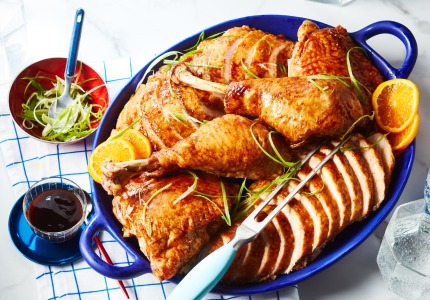 Blue serving platter with serving fork, sliced turkey breast and whole legs arranged with citrus slices and green onion garnish