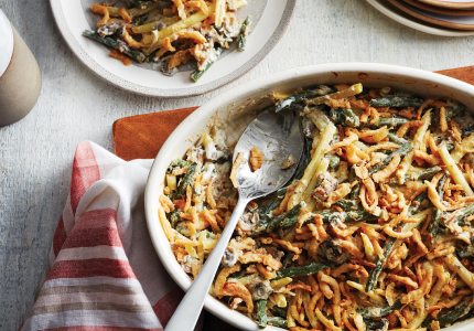 rectangular casserole dish of crispy onion-topped green bean casserole