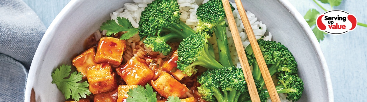 white bowl general Tao tofu with rice and broccoli